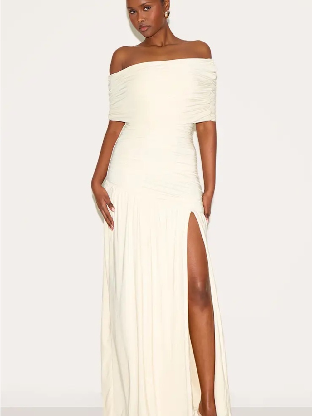 PrettyLittleThing Off-Shoulder Cream Maxi Dress with High Thigh Slit